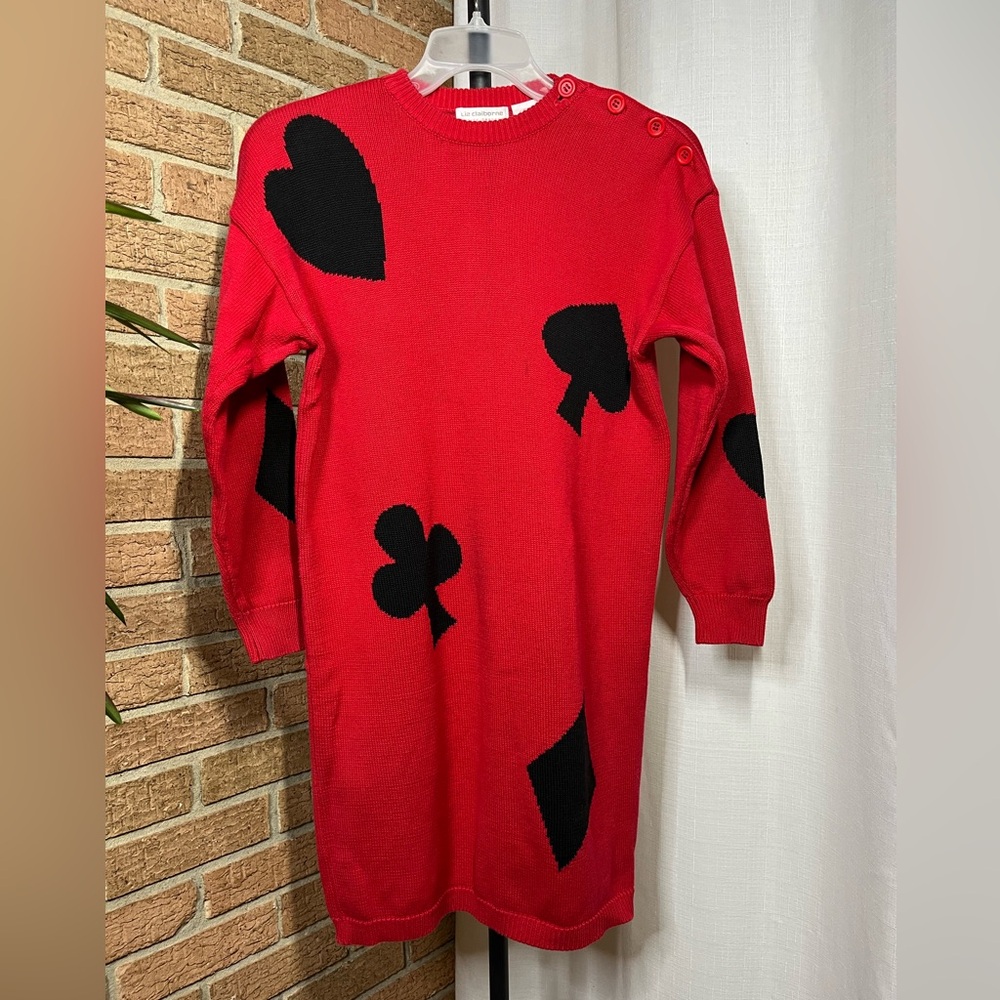 Red Knit Cardigan-Style Sweater Dress with Black Card Suit Motifs